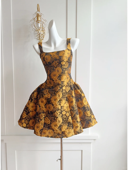 Unique Satin Print Floral Yellow A Line Short Graduation Homecoming Dress 19th Birthday Outfits Y9631