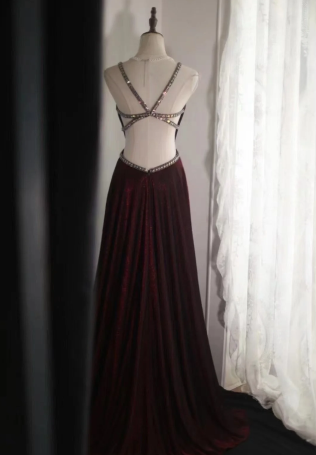 Sexy Burgundy Satin Beaded Backless Long Evening Dress Prom Gown SP848