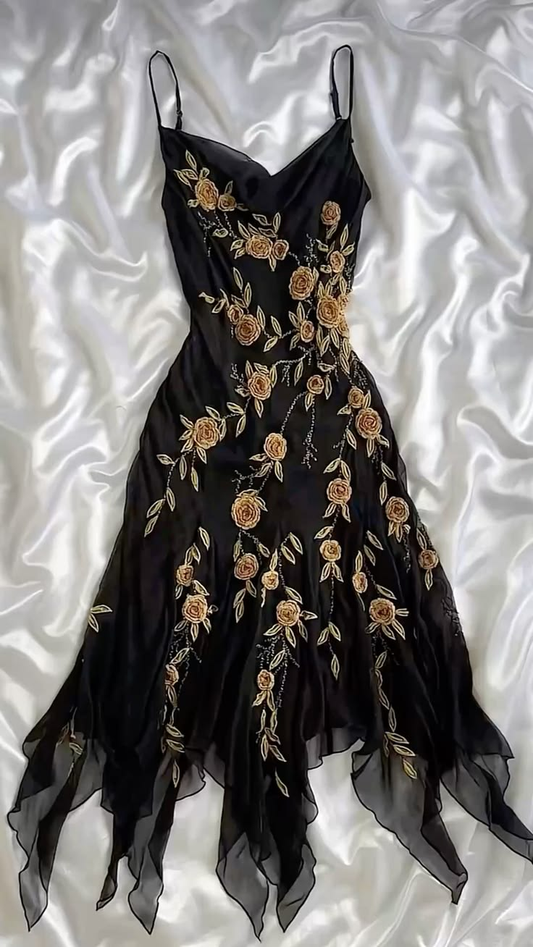 Classy Spaghetti Straps Chiffon 3D Floral Mermaid Party Dress Black Long Evening Gown SP4248