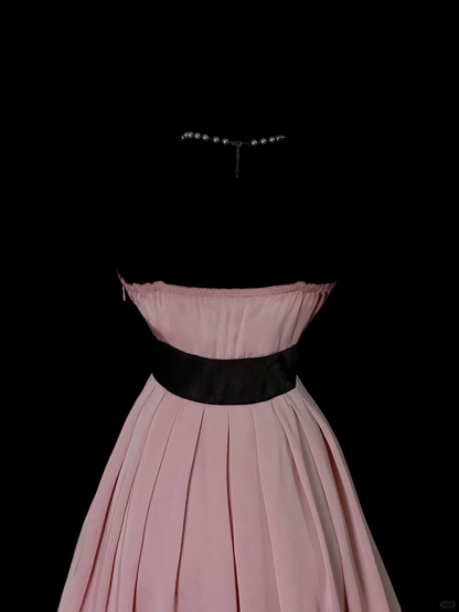 Pretty Pink Satin Pleated Lace Long Party Dress Long Wedding Guest Dress SP4041