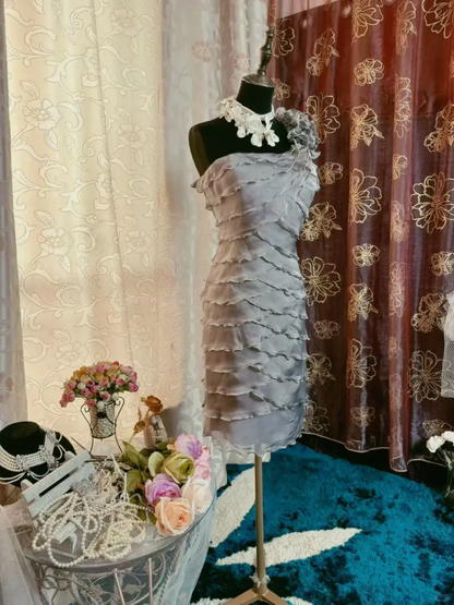 Vintage Silver Gray Chiffon Ruffle Layered Cocktail Dress One Shoulder Formal Graduation Homecoming Dress Y9184