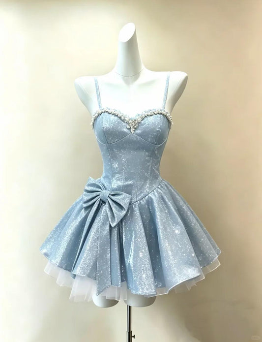 Sparkly Spaghetti Straps A Line Mini Cocktail Dress,Blue Tulle Satin Sequin Beaded Short 9th Grade Homecoming Dress SP2511