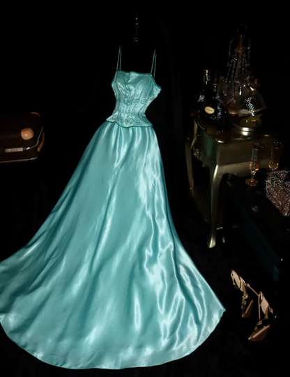 Classy Blue Spaghetti Straps Satin Beaded Mermaid Party Dress Birthday Outfits SP819