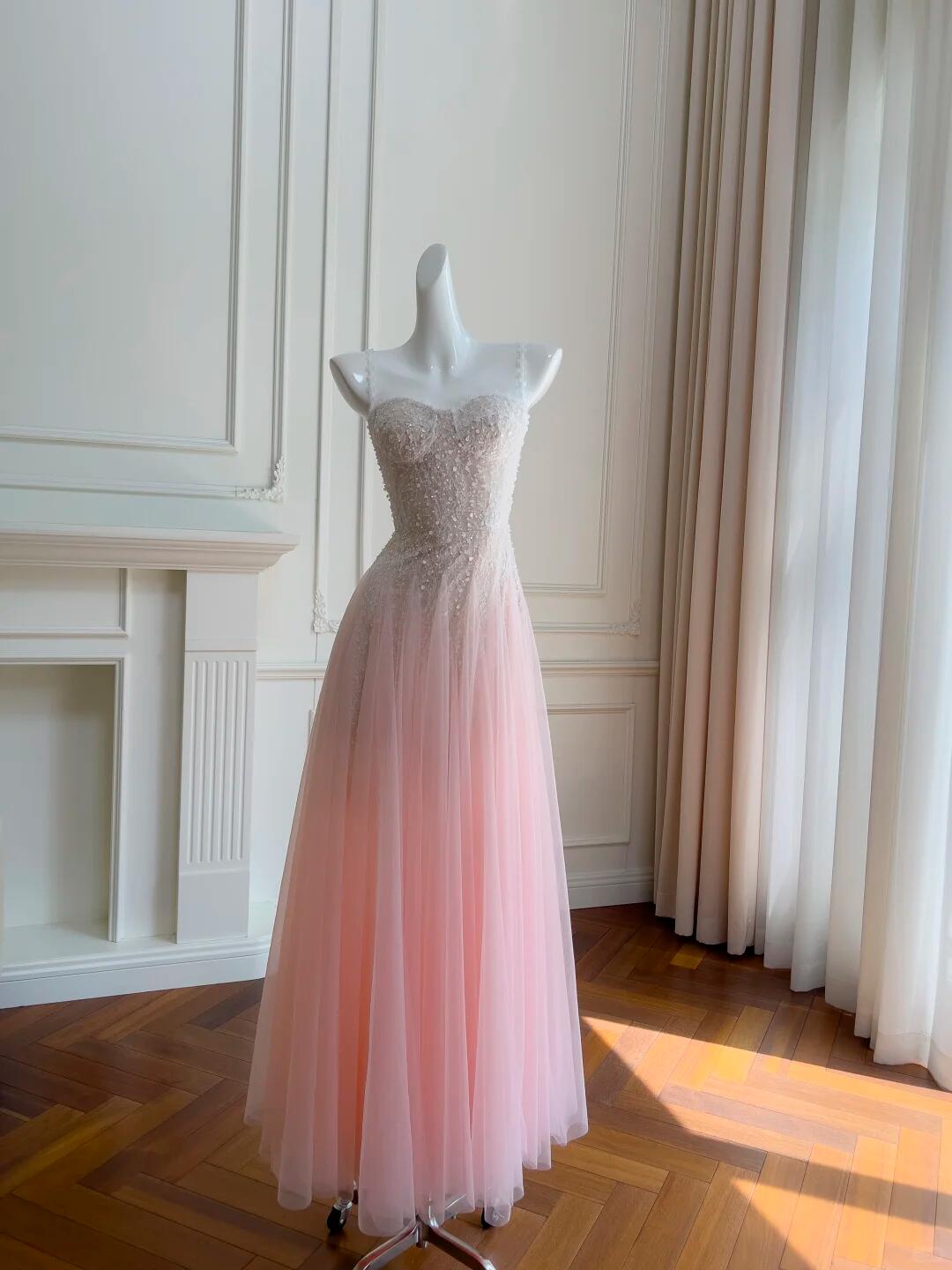 Elegant Spaghetti Straps Pink Tulle Lace Beaded A Line Long Party Dress Prom Dress SP2600