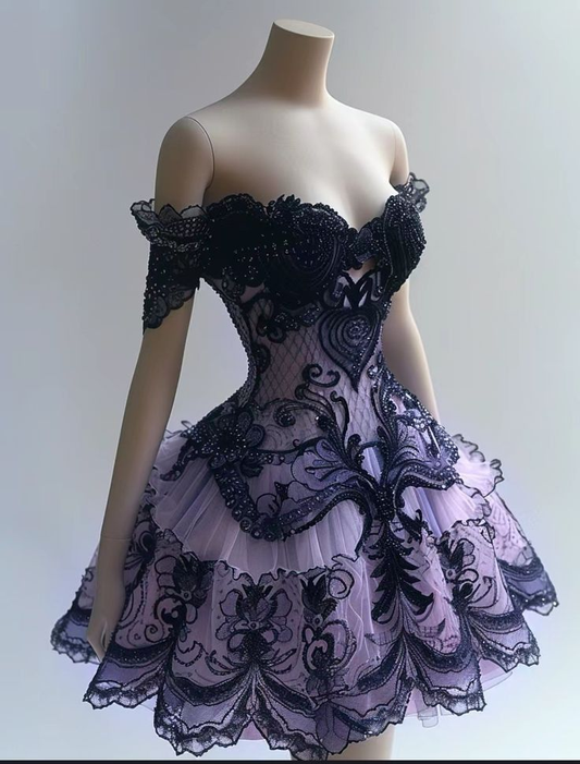 Vintage Off The Shoulder Purple Tulle Lace Beaded Short Formal Homecoming Dress Birthday Outfits Y9441