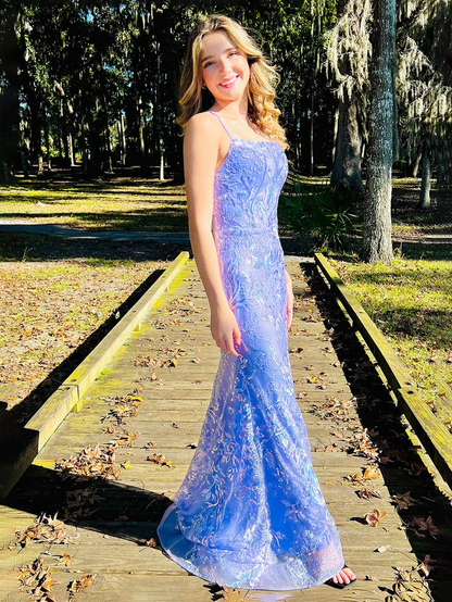 Charming Mermaid Spagehtti Straps Lilac Lace Sequin Long Prom Dress Evening Dress Y8235