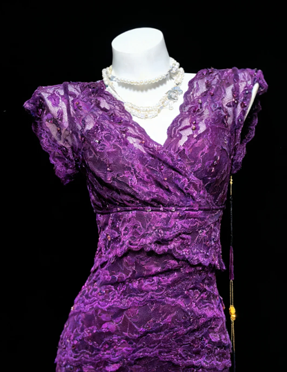 Charming Purple V Neck Lace Layered Mermaid Long Wedding Guest Dress Formal Birthday Party Dress SP1577
