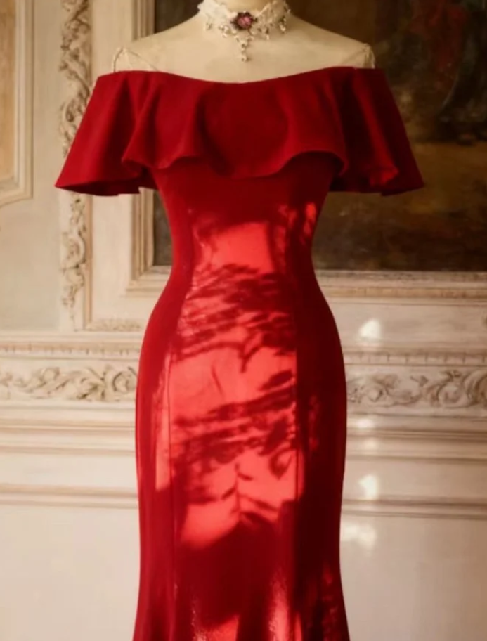 Elegant Off The Shoulder Red Satin Mermaid Evening Dress Long Wedding Guest Dress SP668