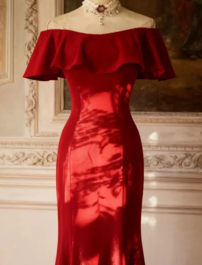 Elegant Off The Shoulder Red Satin Mermaid Evening Dress Long Wedding Guest Dress SP668