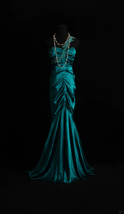 Vintage Green One Shoulder Satin Pleated Beaded Mermaid Long Evening Dress Formal Prom Gowns SP2089
