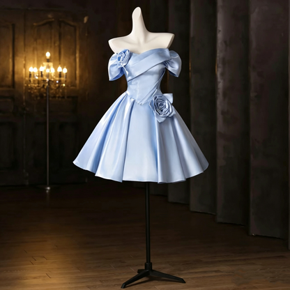 Classy Blue Satin Off the Shoulder Pleated Homecoming Dress,A Line Short Birthday Outfits SP3431