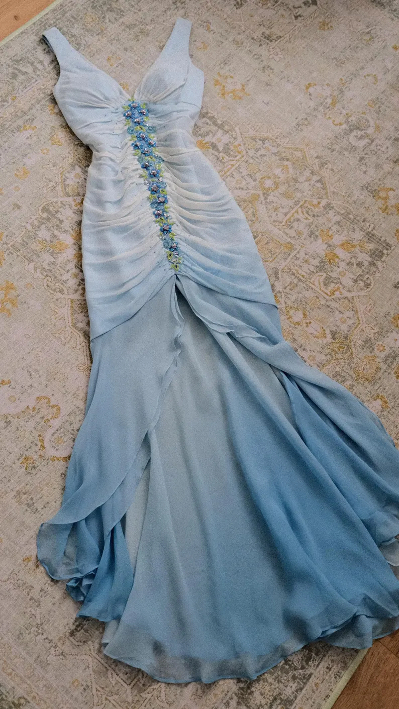 Elegant V Neck Ombre Blue Chiffon Beaded Mermaid Long Party Dress Evening Gown SP2287