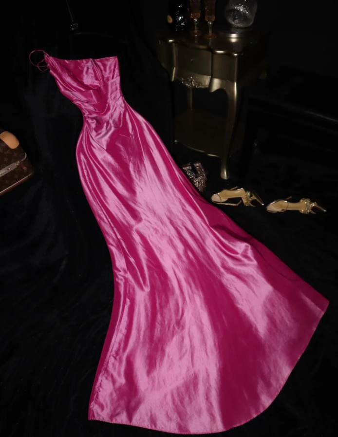 Hot Pink One Shoulder Satin Embroidery Mermaid Prom Gown Long Party Dress SP955