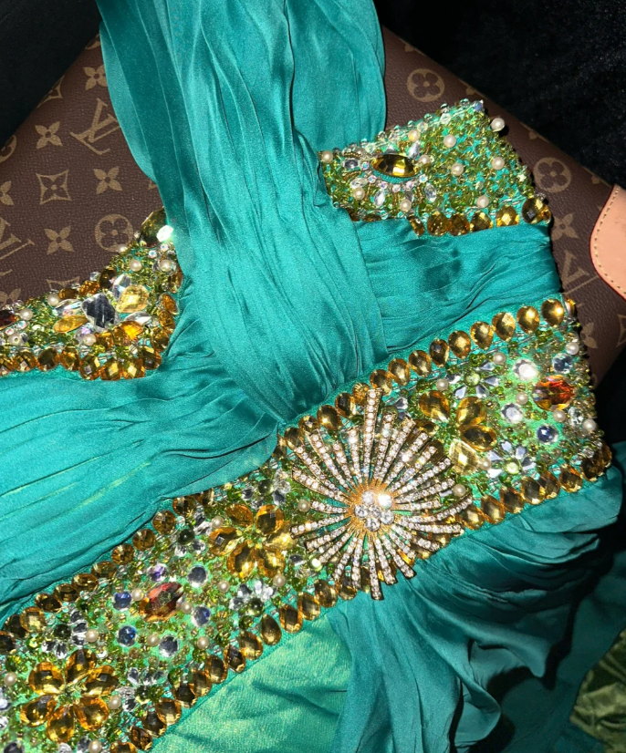 Unique Spaghetti Straps Green Satin Beaded Long Evening Dress Prom Gown SP1065