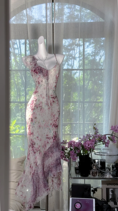 Pretty Chiffon Printed Floral Ruffle Mermaid Prom Dress Evening Gown SP664