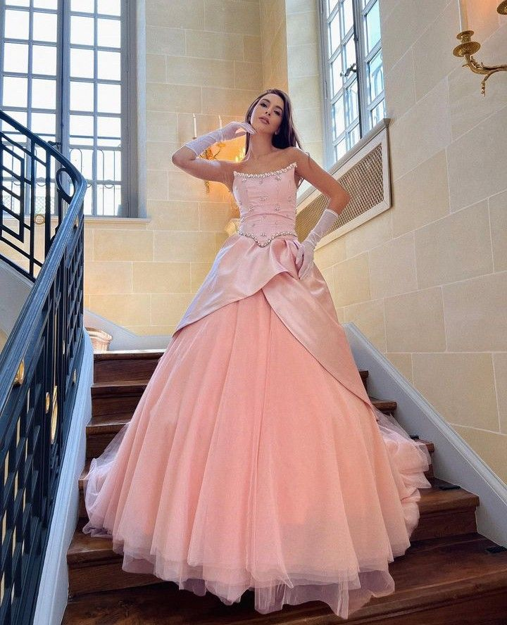 Charming Pink Strapless Satin Tulle Beaded Long Prom Gown Evening Dress With Gloves SP924