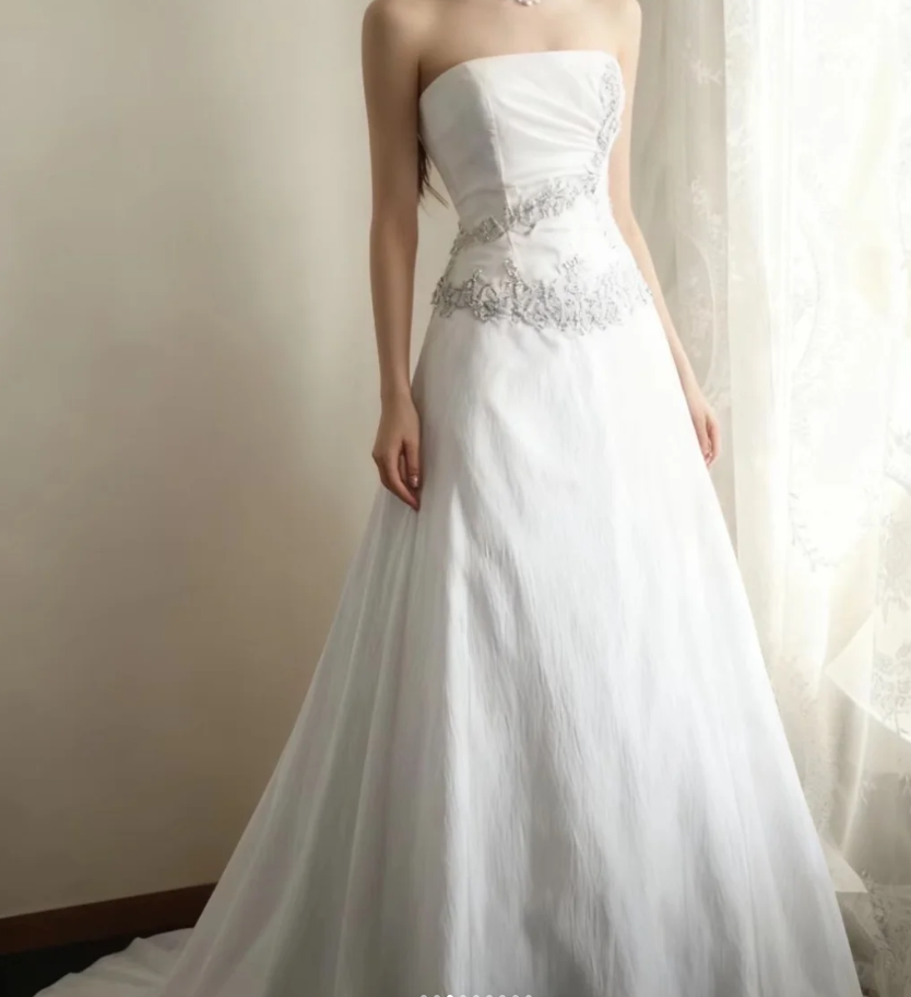 Classy White Strapless Satin Pleated Beaded Appliques Mermaid Long Wedding Dress SP670