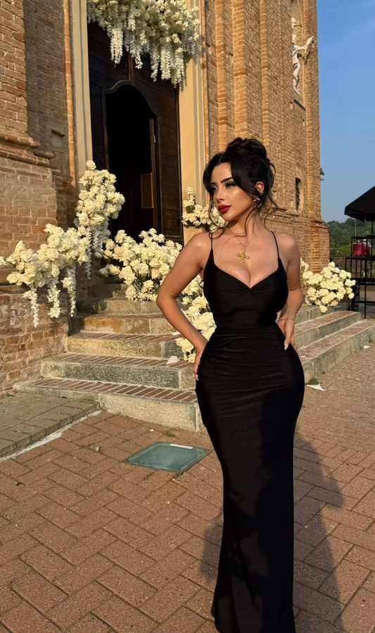 Classy Spaghetti Straps V Neck Black Long Wedding Guest Dress Evening Gown SP939