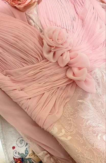 Elegant V Neck Pink Chiffon Lace Mermaid Prom Dress Long Party Dress SP490