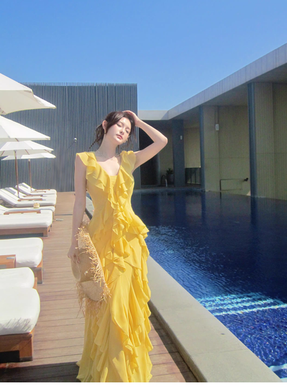 Classy Yellow Chiffon Layered Ruffles Mermaid Evening Dress Long Birthday Dress SP1648