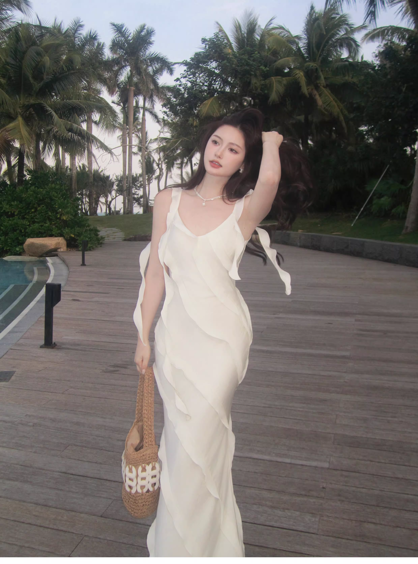 Classy V Neck White Satin Ruffles Mermaid Long Party Dress Formal Wedding Guest Dress SP1974