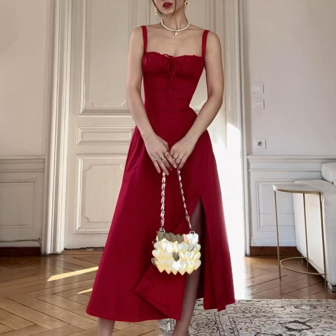 Casual Lace up Waist Controlled Slimming A Line Slip Red Party Dress,Red Prom Dress Y4581