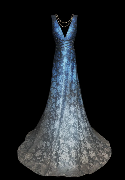 Unique Ombre Blue Deep V Satin Print Floral Beaded Mermaid Party Dress Long Prom Dress SP512