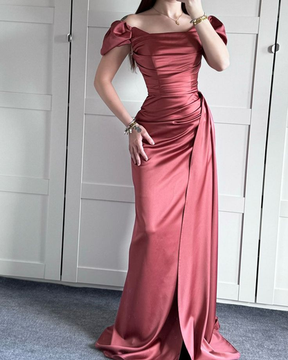 Pretty Off The Shoulder Navy Blue Satin Slit Mermaid Birthday Party Gown Formal Wedding Guest Dress SP770