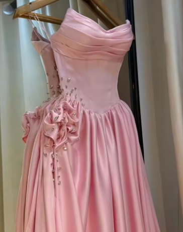 Elegant Strapless Satin Pleated Beaded Slit Party Dress Pink Formal Wedding Guest Dress SP487