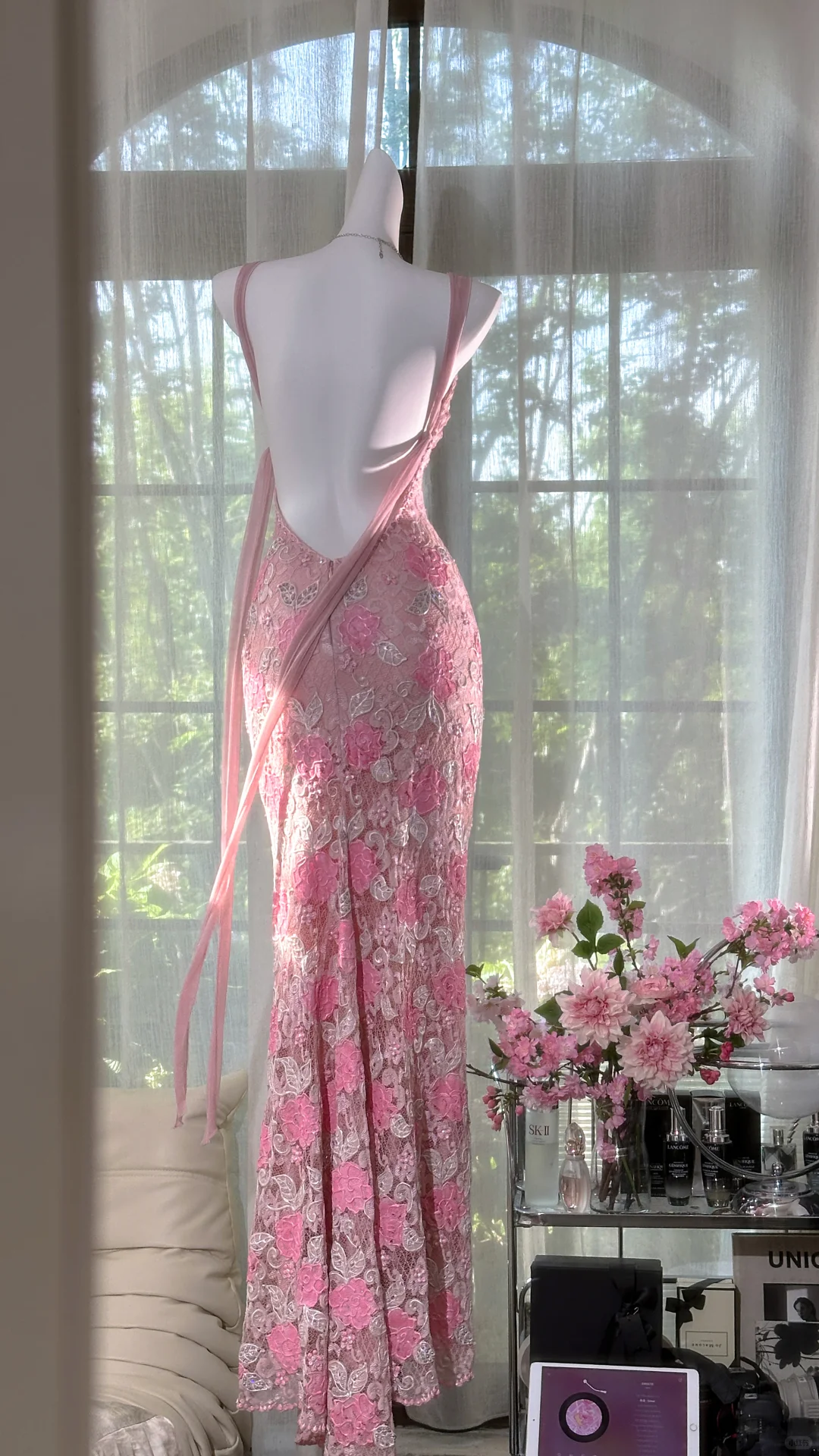 Pretty Pink V Neck Lace Floral Sheath Long Evening Dress Backless Long Birthday Party Gown SP665