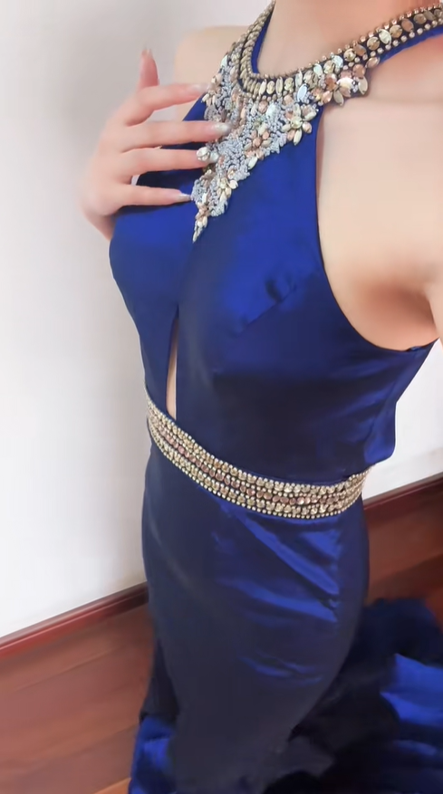 Gorgeous Navy Blue Satin Beaded Mermaid Prom Dress Backless Long Evening Dress SP436