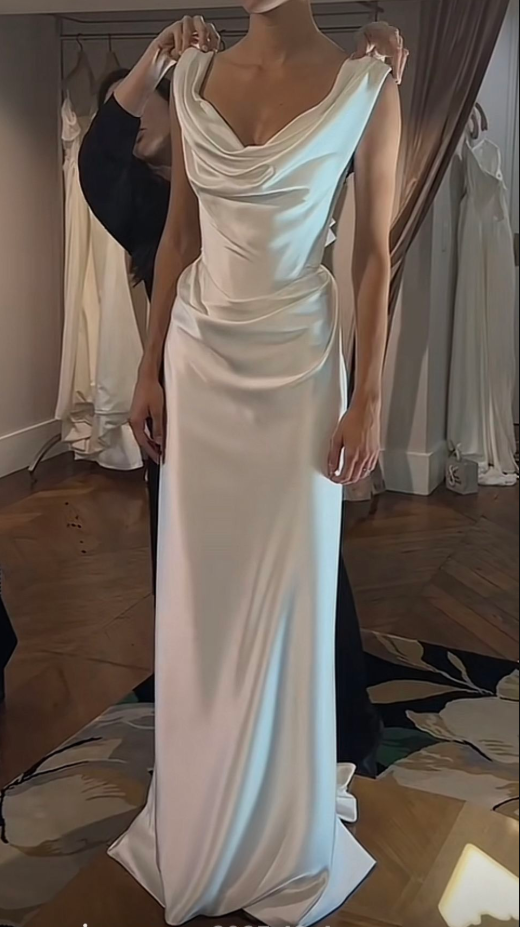 Pretty White Satin Pleated Sheath Long Wedding Dress Formal Bridal Dress SP2199