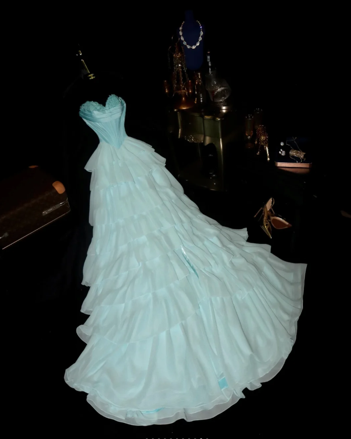 Classy Strapless Blue Chiffon Layered Mermaid Prom Gown Birthday Party Dress SP816