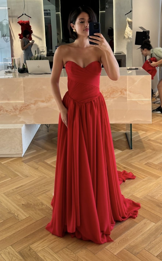 Classy Strapless Red Chiffon Long Wedding Guest Dress Party Gown SP909