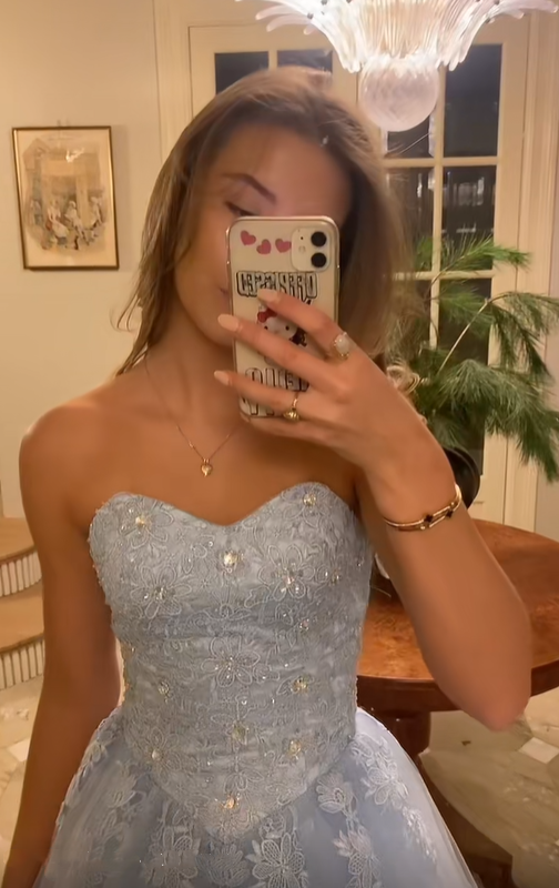 Fairy Blue Strapless Tulle Appliques Beaded A Line Long Prom Dress Birthday Party Dress SP2111