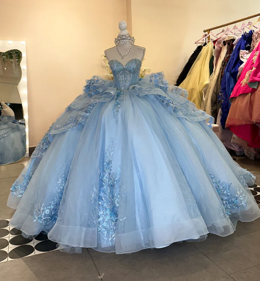 Pretty Strapless Blue Tulle Sequins Appliques Ruffles Tiered Bow Knot Sweet 15 Dress Quinceanera Dress SP571