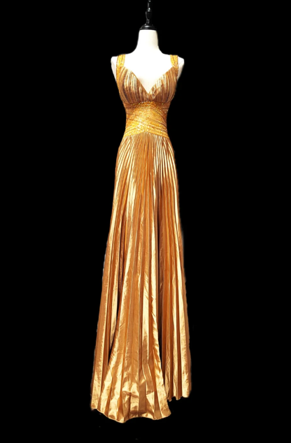 Elegant Gold V Neck Satin Pleated Backless Evening Dress Mermaid Long Birthday Outfits SP609