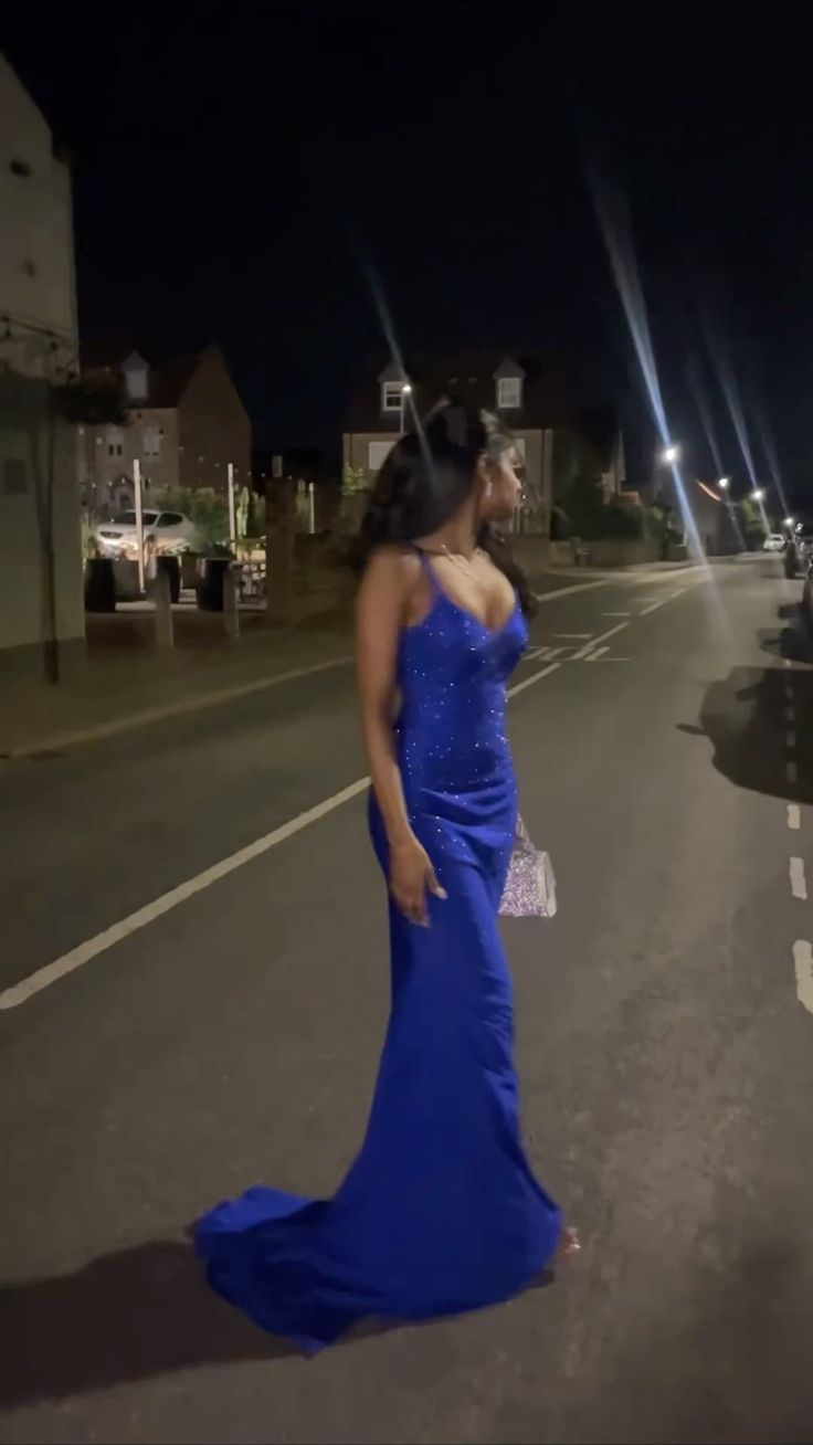 Sexy Spaghetti Straps Blue Satin Sequin Mermaid Long Party Dress Prom Gowns SP4151
