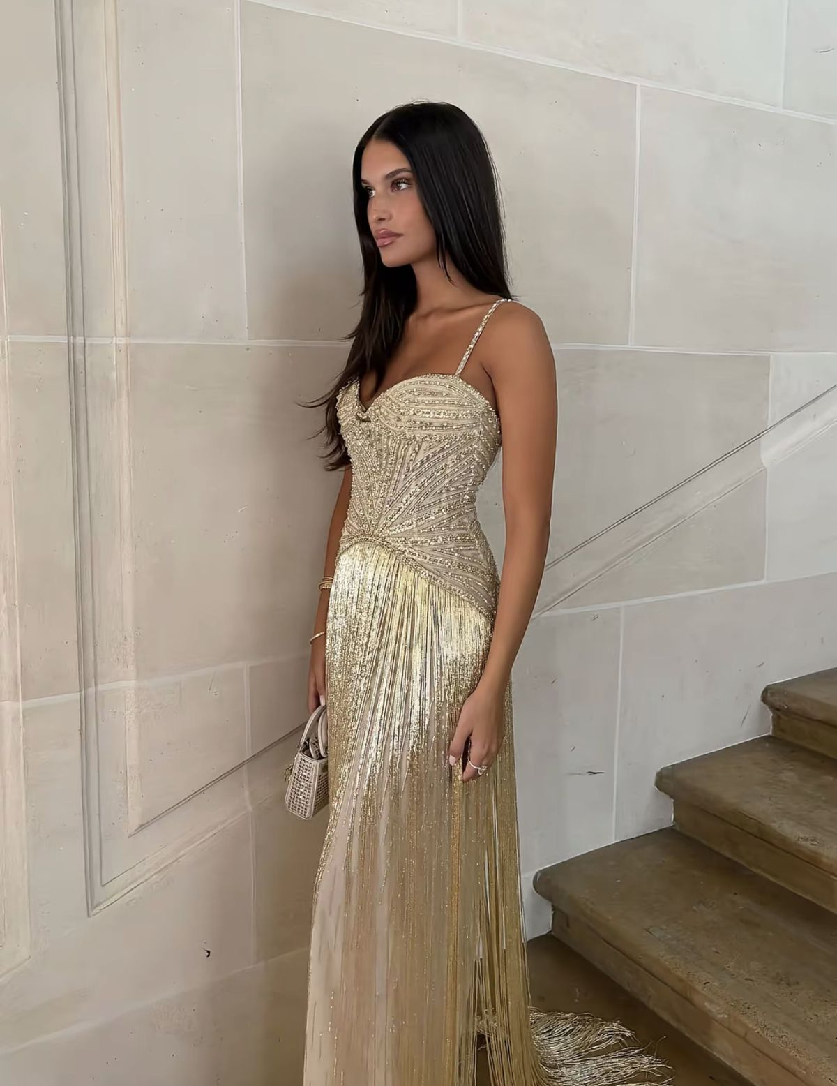 Luxurious Spaghetti Straps Sequin Beaded Tassel Gold Long Evening Dress Prom Gown SP792