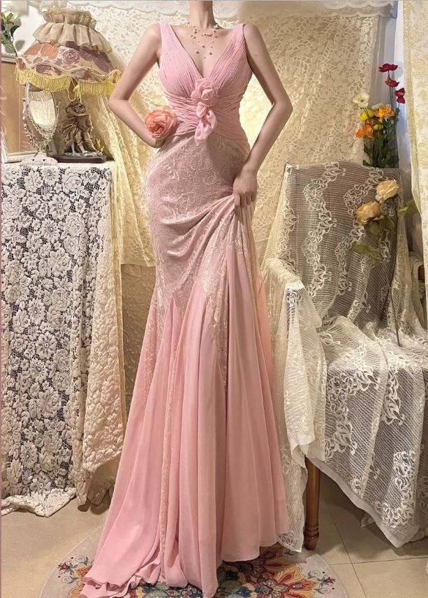 Elegant V Neck Pink Chiffon Lace Mermaid Prom Dress Long Party Dress SP490