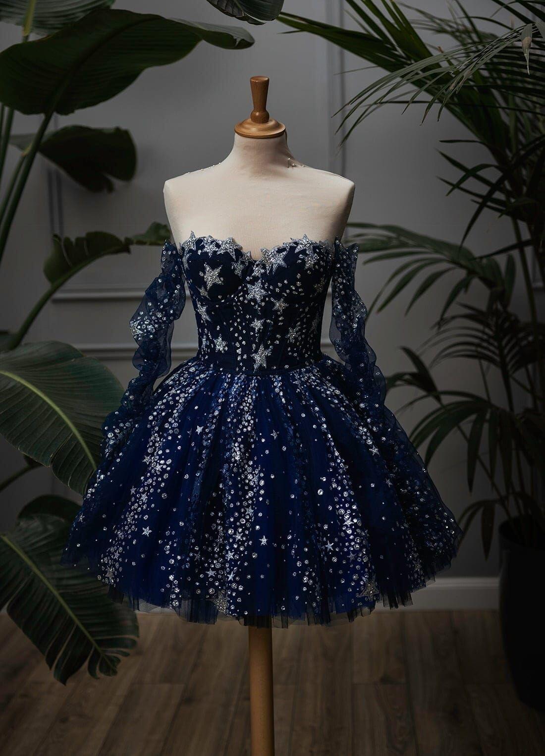 Gorgeous Navy Blue Tulle Sequin Short 18th Birthday Outfits Off The Shoulder Mini Homecoming Dress SP3825