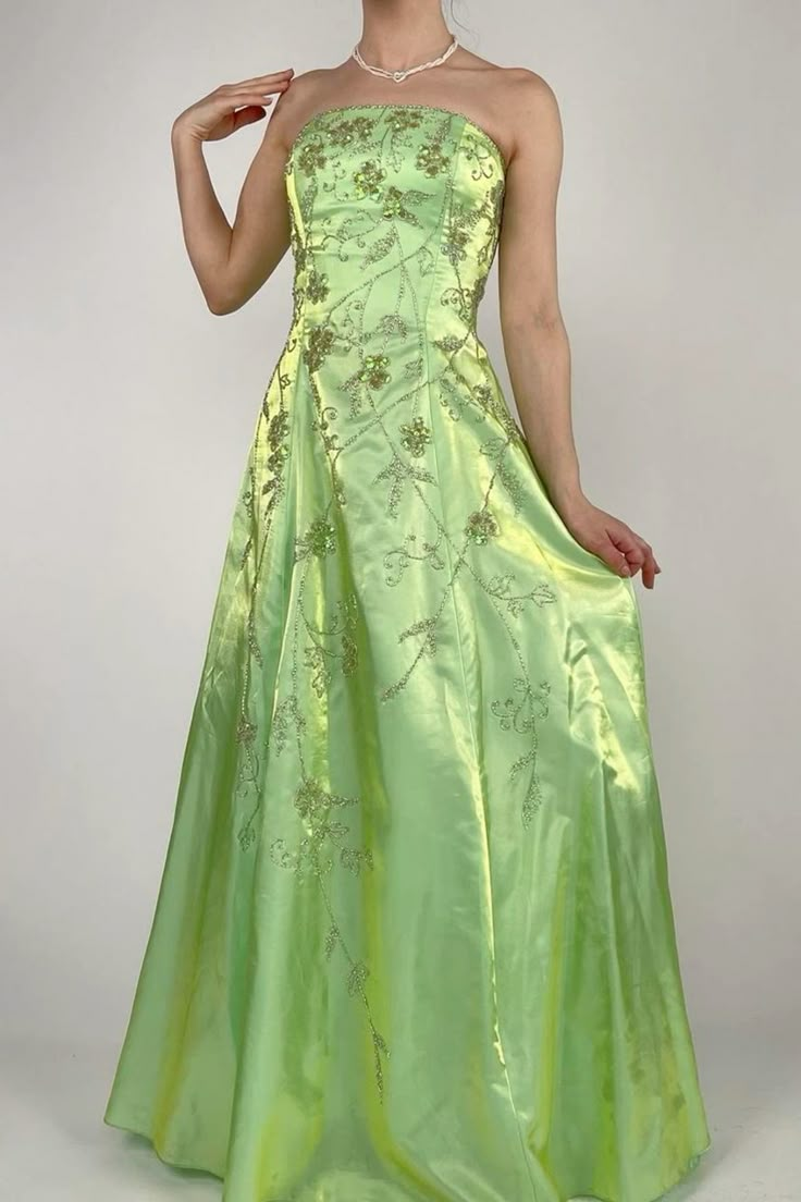 Strapless Green Satin Beaded A Line Prom Dress Evening Dress Y8412