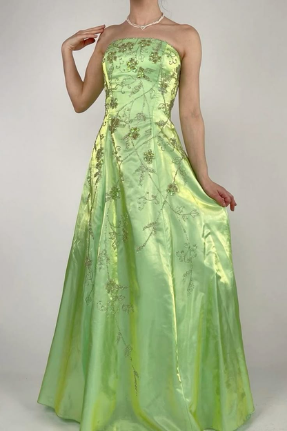 Strapless Green Satin Beaded A Line Prom Dress Evening Dress Y8412