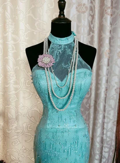 Glamorous Sleeveless Mint Green Lace Beaded Mermaid Long Prom Dress Formal Birthday Evening Gown SP1893