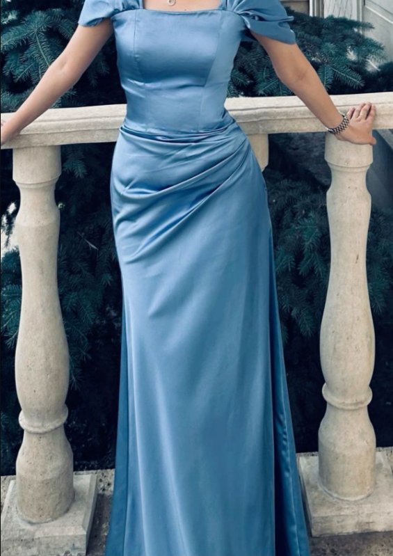 Elegant Blue Satin Pleated Slit Mermaid Birthday Party Dress Long Wedding Guest Dress SP769