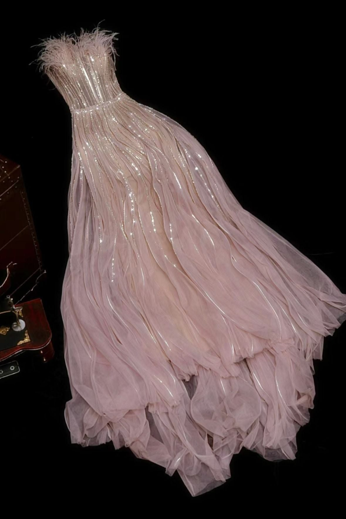 Glamorous Feathers Strapless Tulle Beaded Mermaid Long Party Dress,Pink Birthday Prom Dress SP3280