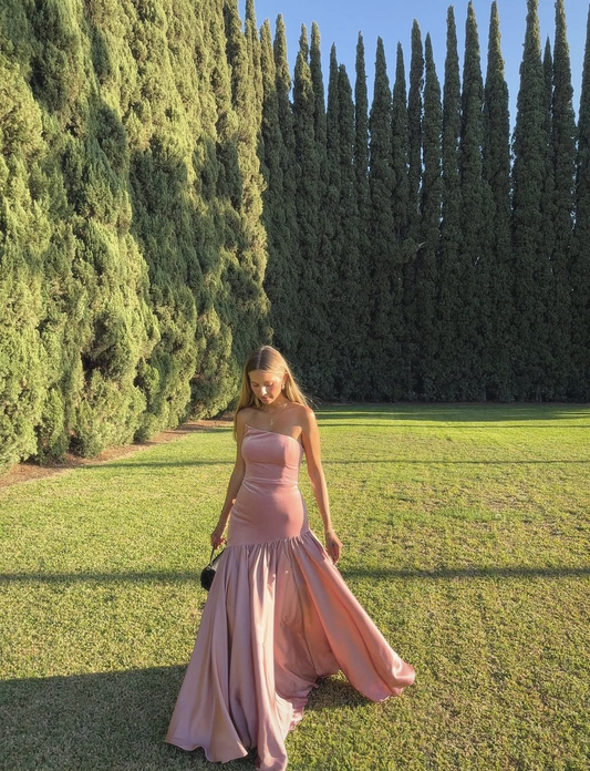 Sweet Pink Strapless Satin Mermaid Long Birthday Party Dress Wedding Guest Dress SP1126