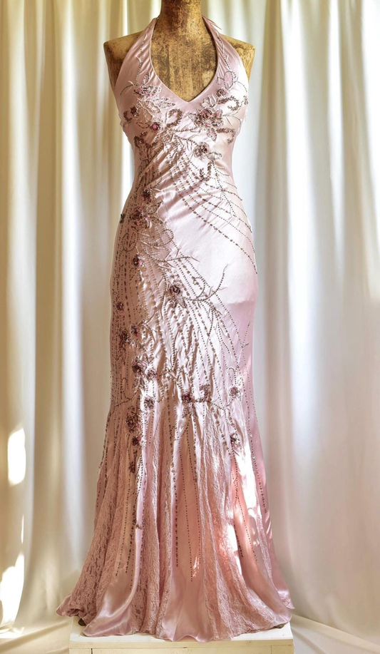 Elegant Halter V Neck Pink Satin Beaded Mermaid Evening Dress Backless Long Prom Dress SP467