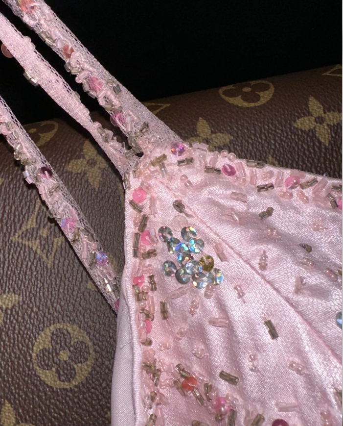 Pretty One Shoulder Pink Satin Tulle Beaded Long Mermaid Party Dress Birthday Outfits SP951