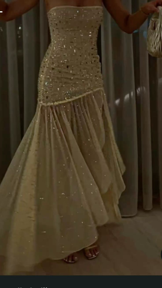 Shiny Strapless Yellow Chiffon Beaded Mermaid Long Party Dress Prom Dresses SP3660
